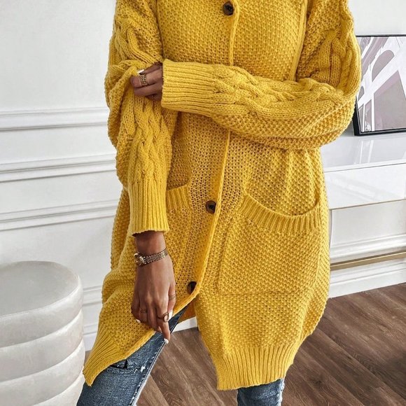 Yellow Boho Womens Dual Pocket Drop Shoulder Cable Knit Hooded Cardigan - Picture 5 of 6